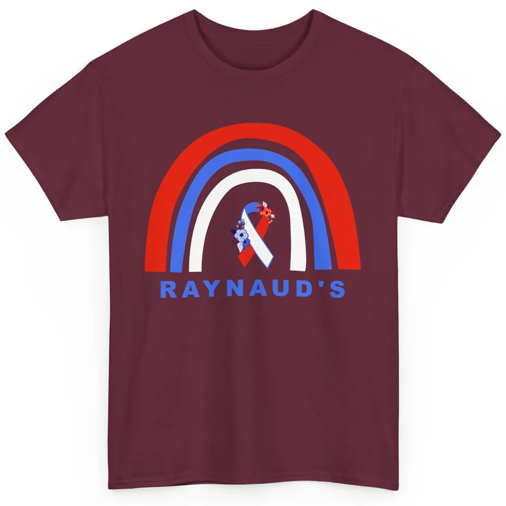 Raynaud's Syndrome Awareness Floral Red Blue Ribbon Rainbow Classic Unisex T-Shirt