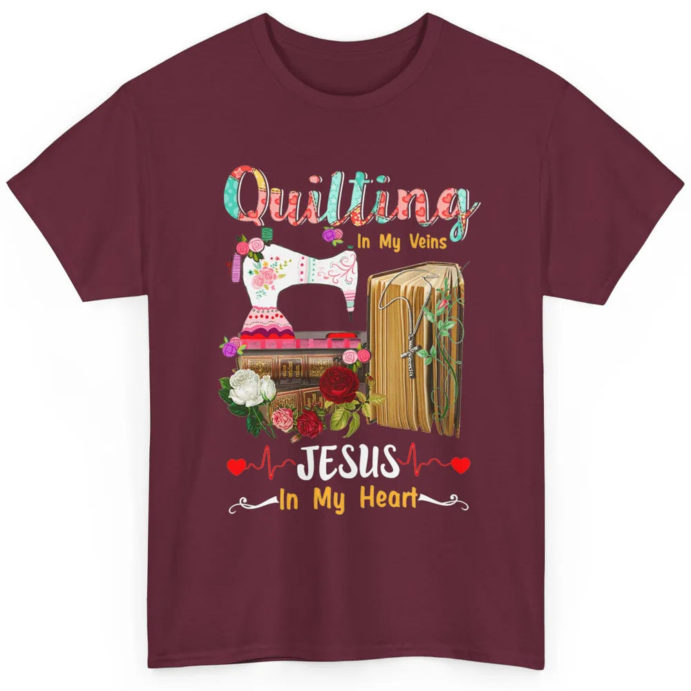 Quilting In My Veins Jesus In Heart Christian Retro Quilt Classic Unisex T-Shirt
