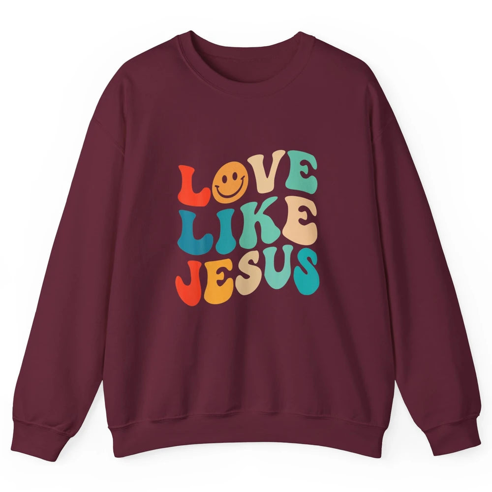 Retro Groovy Love Like Jesus Smiling Face Christ Faith God Unisex Crewneck Sweatshirt