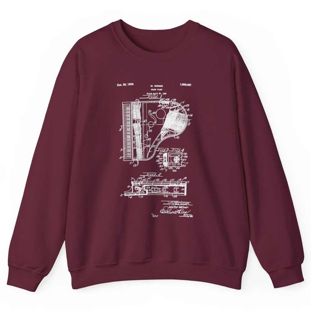 Piano Patent Style Vintage Grand Pianist Line Art Drawing Unisex Crewneck Sweatshirt