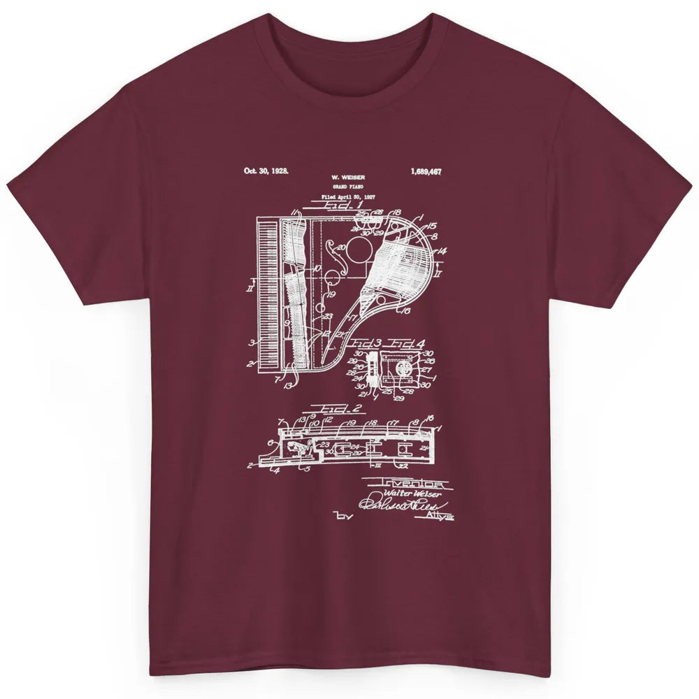 Piano Patent Style Vintage Grand Pianist Line Art Drawing Classic Unisex T-Shirt