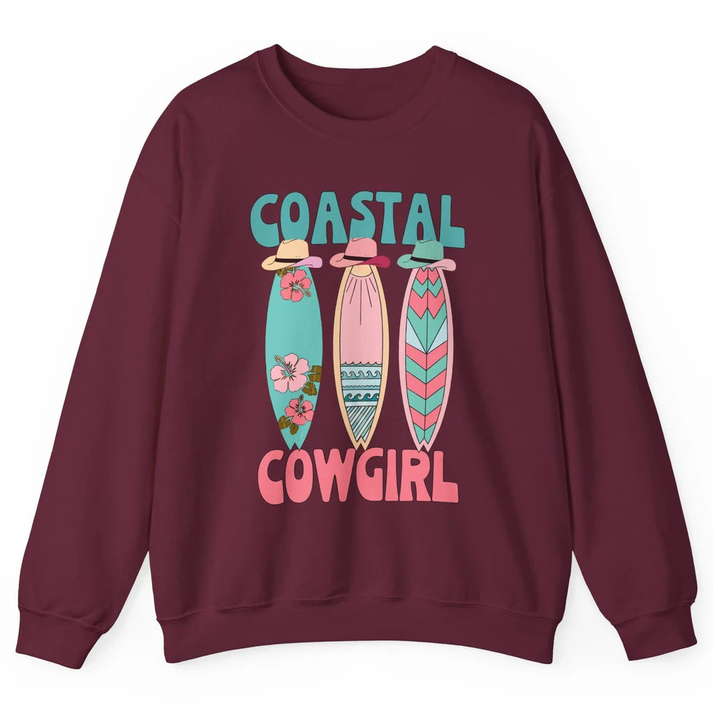 Retro Coastal Cowgirl Surfboards Western Cowgirl Beach Life Unisex Crewneck Sweatshirt