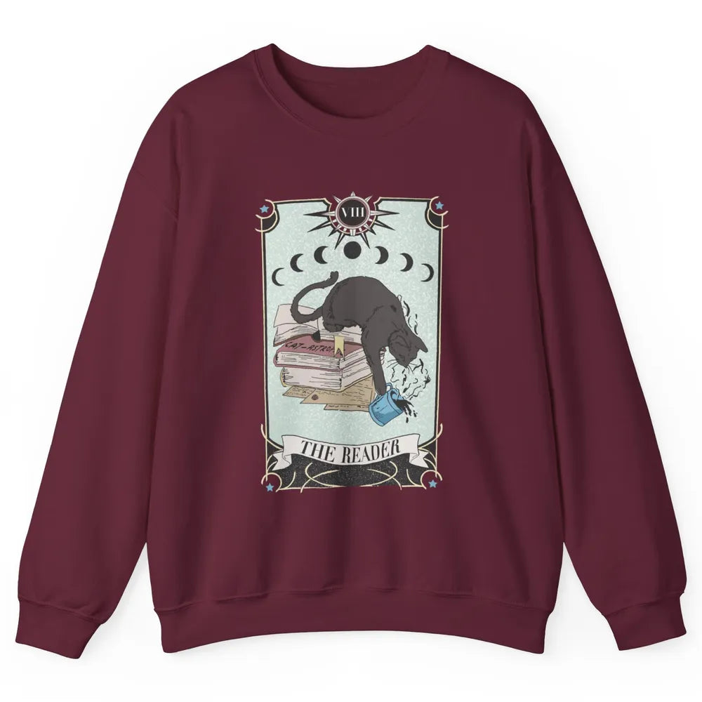 Retro Black Cat Books The Reader Tarot Card Halloween Reading Book Crescent Moon Unisex Crewneck Sweatshirt