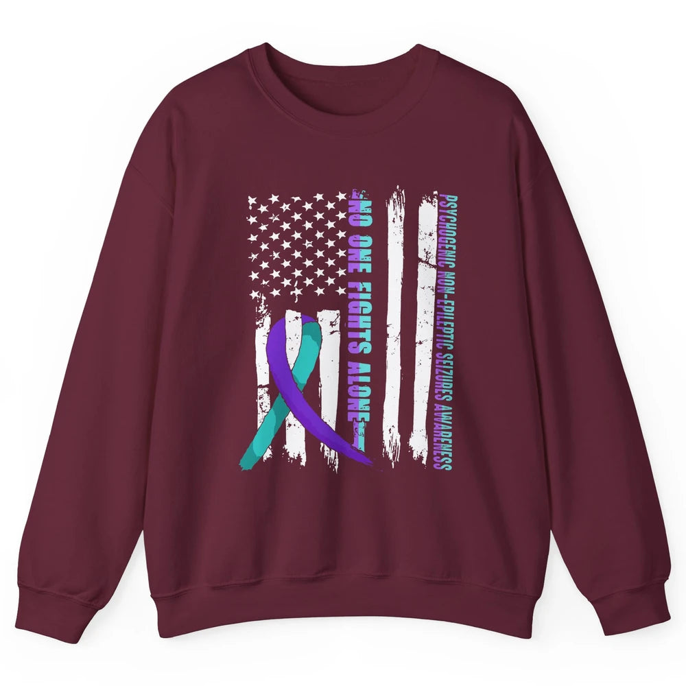 PNES Awareness Purple Teal Ribbon No One Fight Alone US Flag Unisex Crewneck Sweatshirt