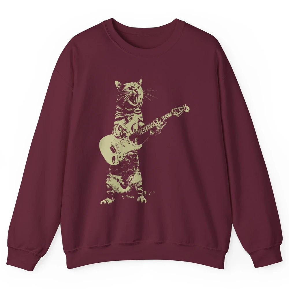 Retro Cat Playing Guitar Cat Guitarist Music Lovers Cat Mom Unisex Crewneck Sweatshirt