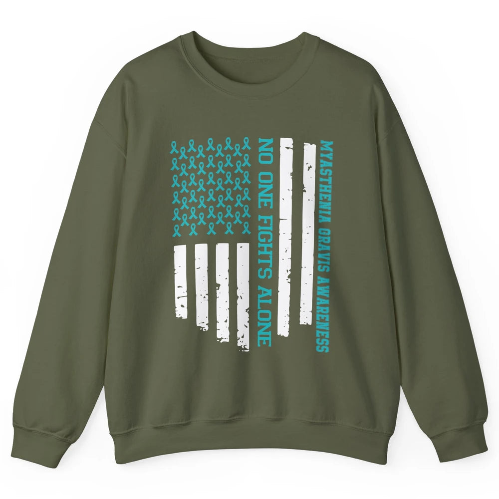 Myasthenia Gravis Awareness Teal Ribbon No One Fight Alone Unisex Crewneck Sweatshirt