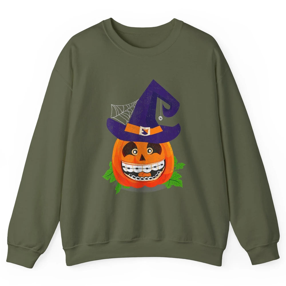 Pumpkin Witch Teeth Braces Dental Dentist Halloween Spooky Unisex Crewneck Sweatshirt