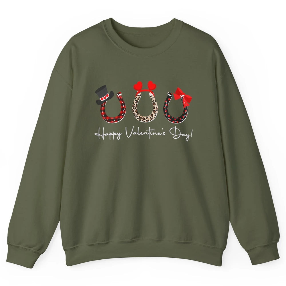 Leopard Red Plaid Heart Love Horseshoes Horse Lover Happy Valentine's Day Unisex Crewneck Sweatshirt