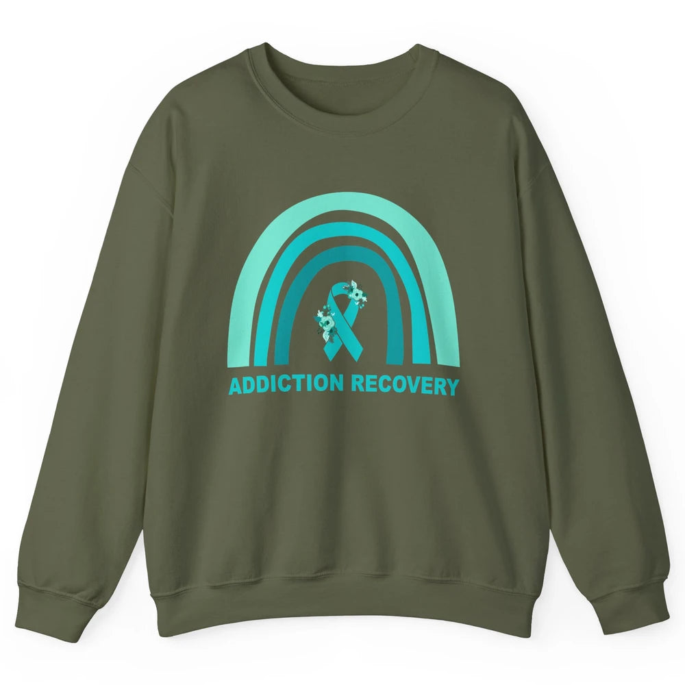 Addiction Recovery Awareness Floral Teal Ribbon Rainbow Unisex Crewneck Sweatshirt