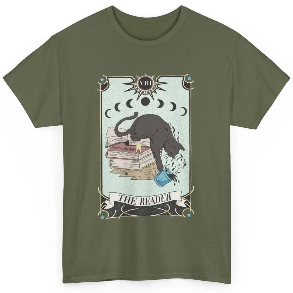 Retro Black Cat Books The Reader Tarot Card Halloween Reading Book Crescent Moon Classic Unisex T-Shirt