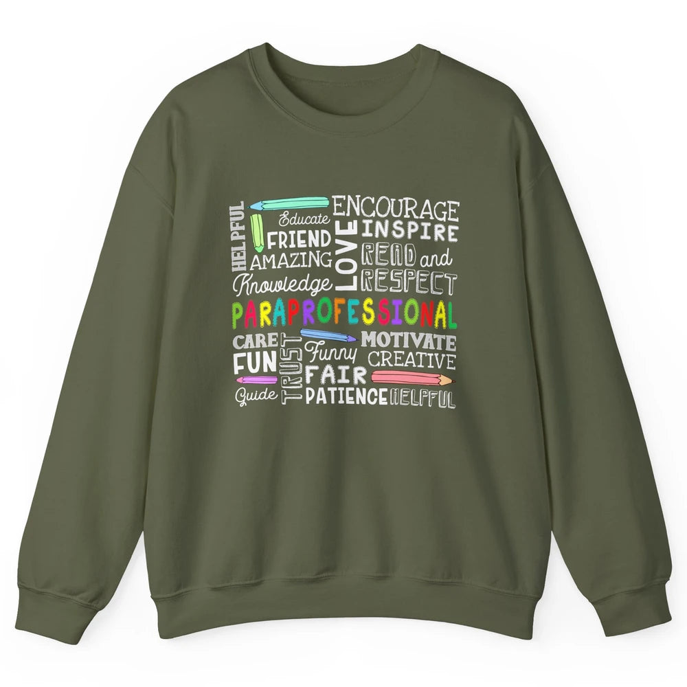 Paraprofessional Word Typography Encourage Inspire Para Life Unisex Crewneck Sweatshirt