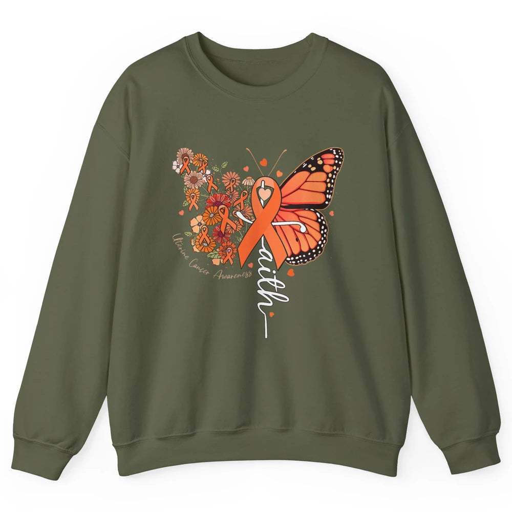 Peach Floral Butterfly Cross Faith Uterine Cancer Awareness Unisex Crewneck Sweatshirt