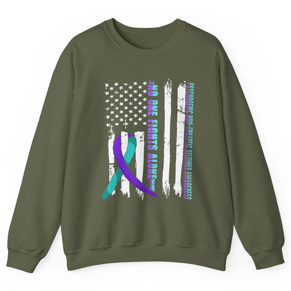 PNES Awareness Purple Teal Ribbon No One Fight Alone US Flag Unisex Crewneck Sweatshirt