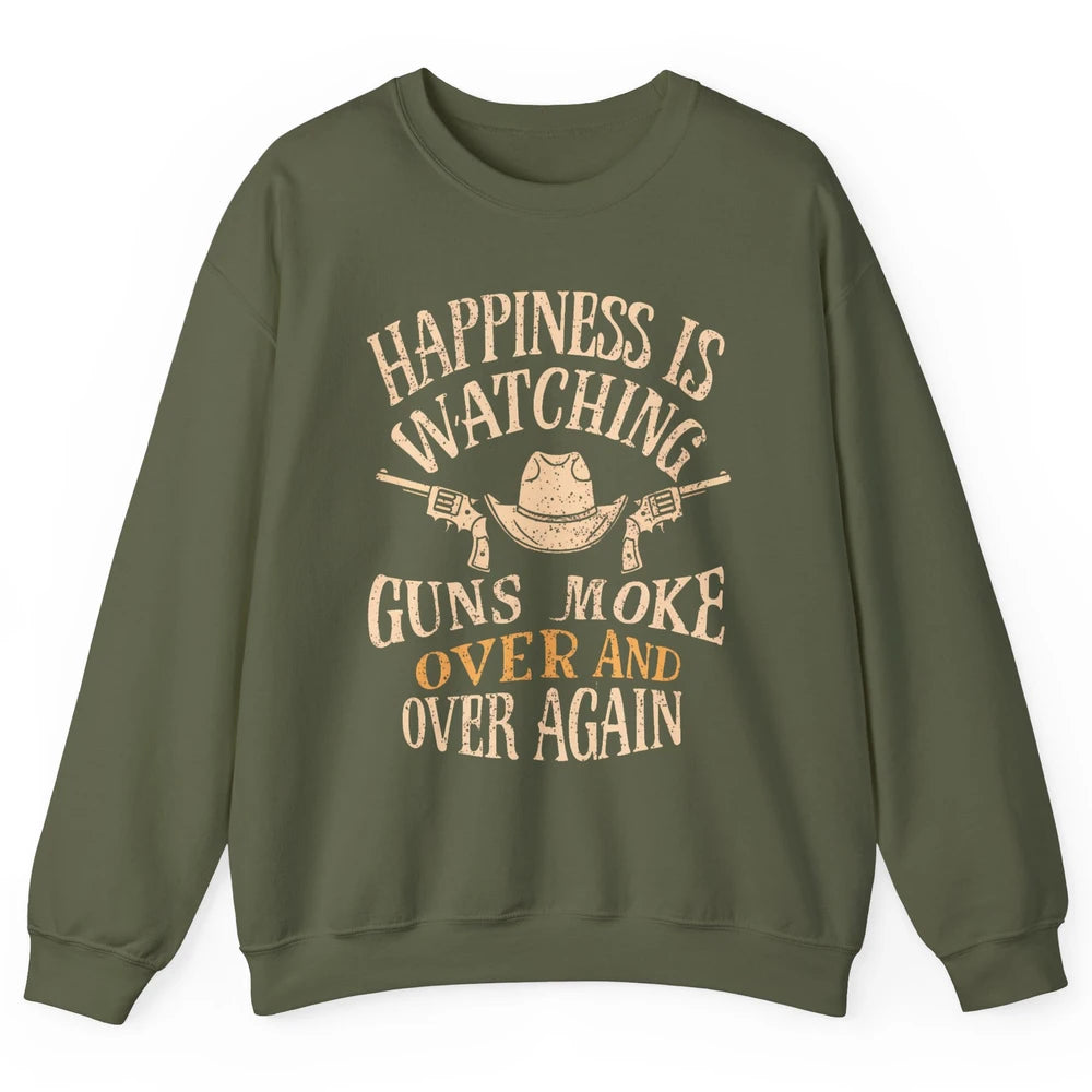 Happiness Is Watching Gunsmoke Over Retro Cowboy Hat Rodeo Howdy Western Country Unisex Crewneck Sweatshirt