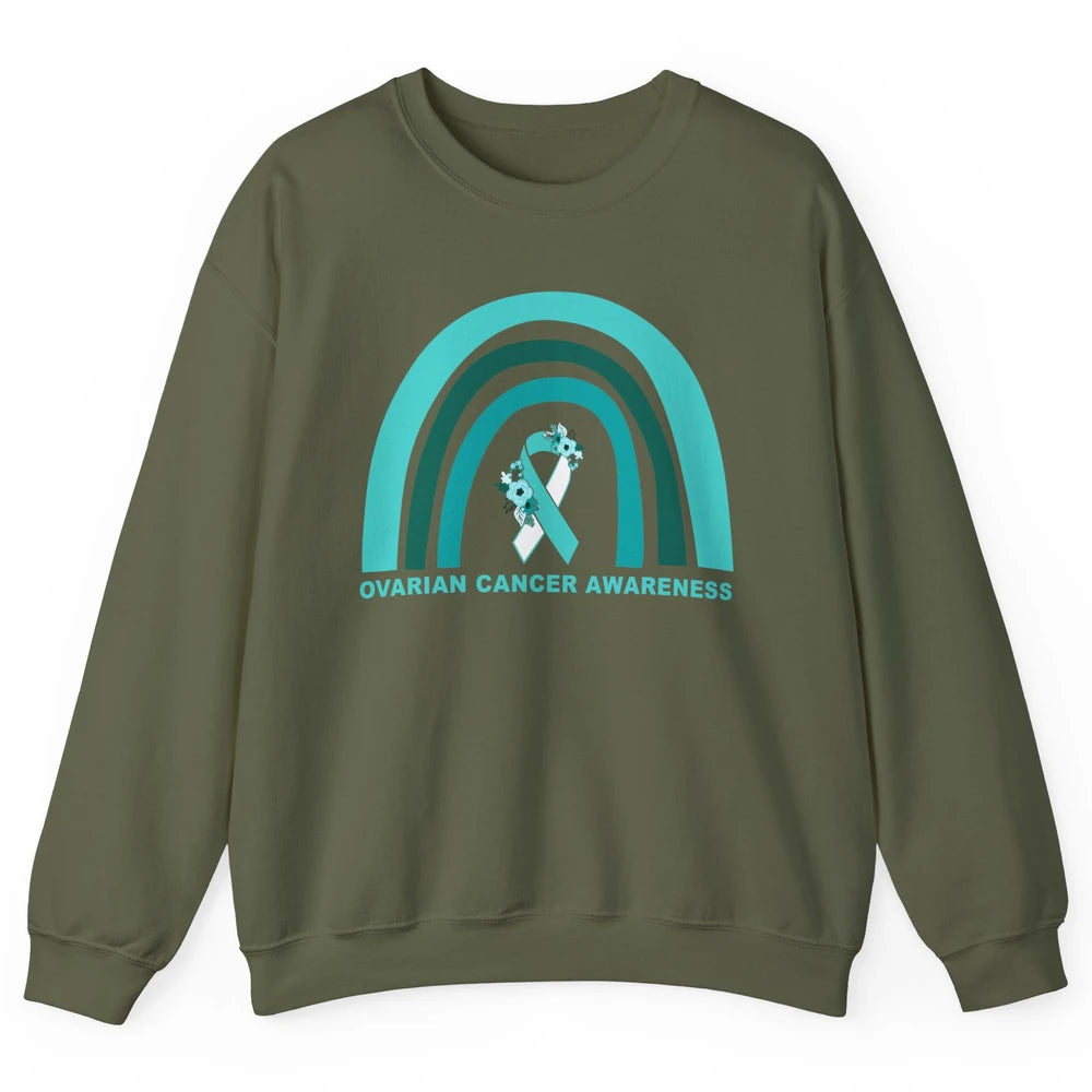 Ovarian Cancer Awareness Support Floral Turquoise Rainbow Unisex Crewneck Sweatshirt
