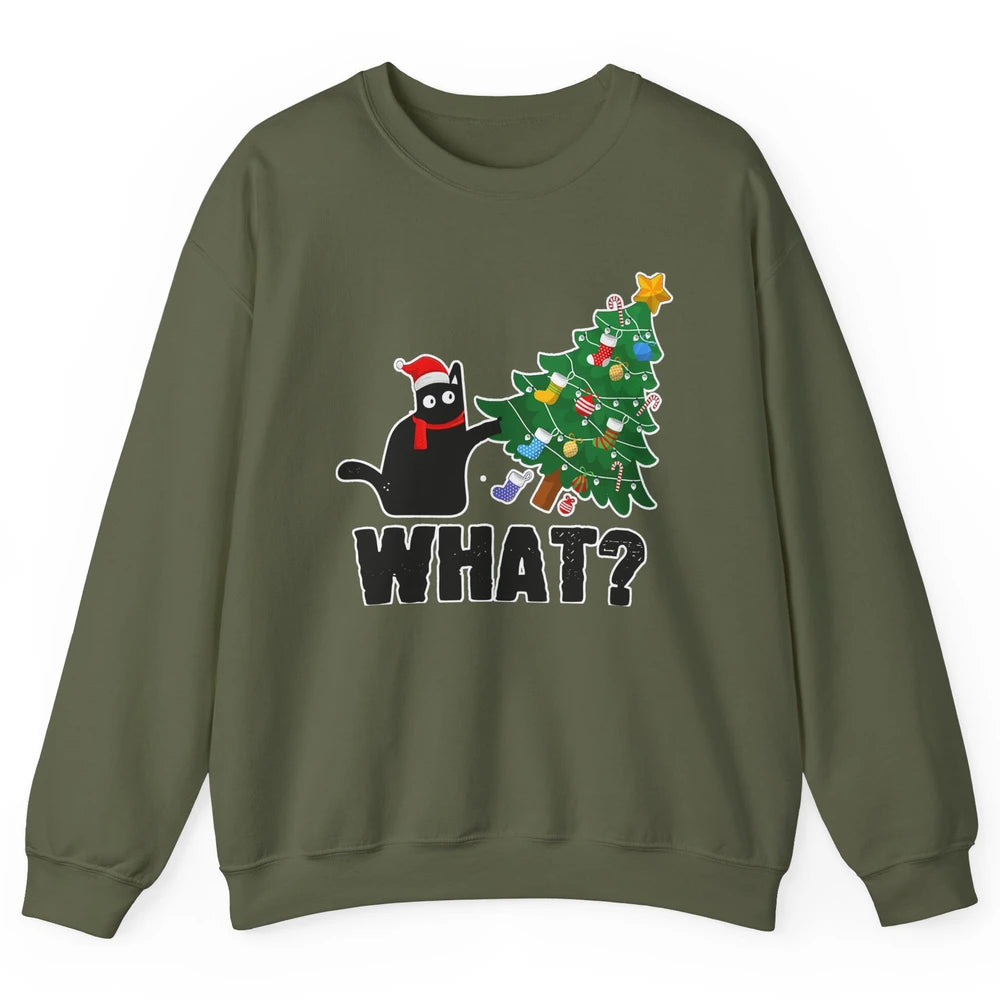 Black Cat Pushing Christmas Tree What Xmas Lights Santa Hat Unisex Crewneck Sweatshirt