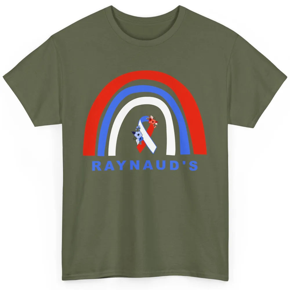 Raynaud's Syndrome Awareness Floral Red Blue Ribbon Rainbow Classic Unisex T-Shirt