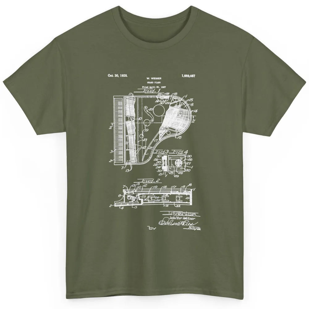 Piano Patent Style Vintage Grand Pianist Line Art Drawing Classic Unisex T-Shirt