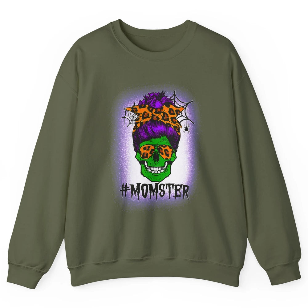 Retro Momster Messy Bun Skull Mom Halloween Spooky Mama Goth Unisex Crewneck Sweatshirt