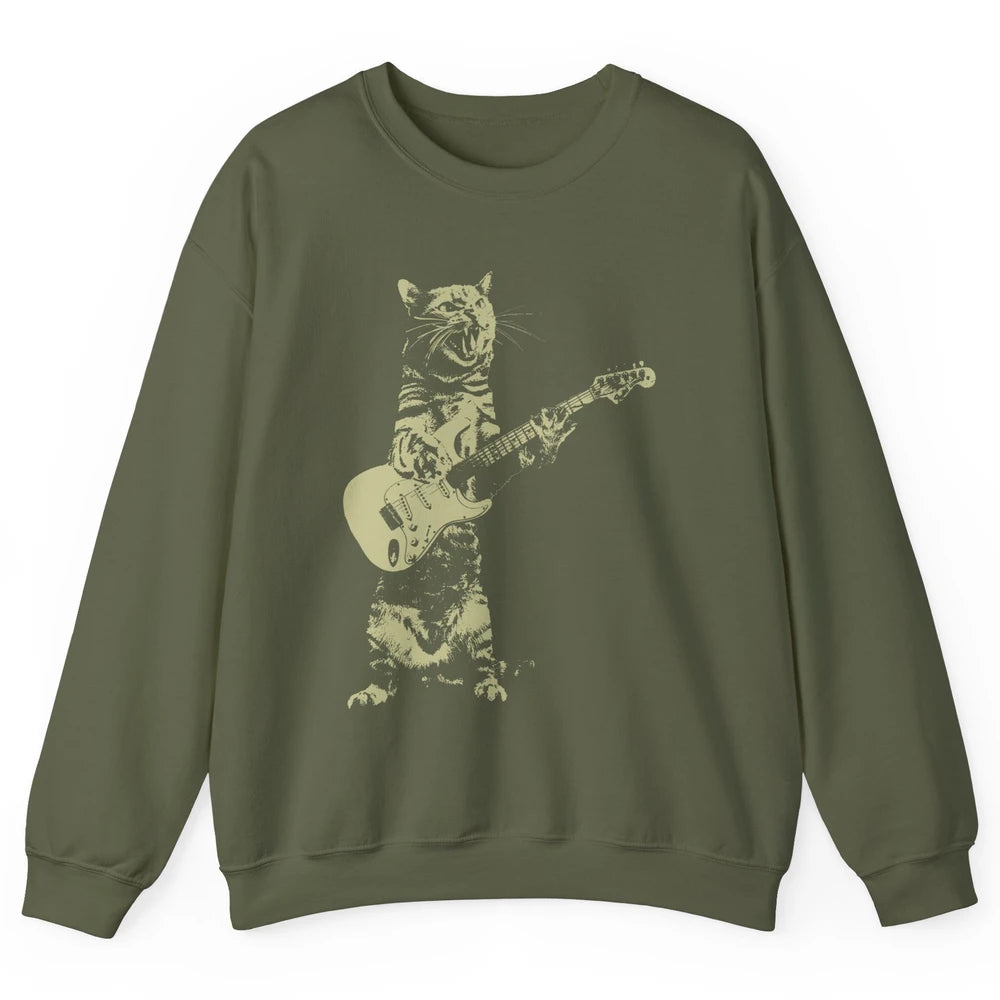 Retro Cat Playing Guitar Cat Guitarist Music Lovers Cat Mom Unisex Crewneck Sweatshirt