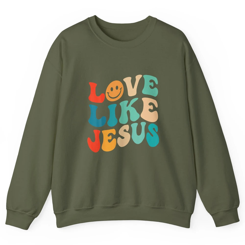 Retro Groovy Love Like Jesus Smiling Face Christ Faith God Unisex Crewneck Sweatshirt