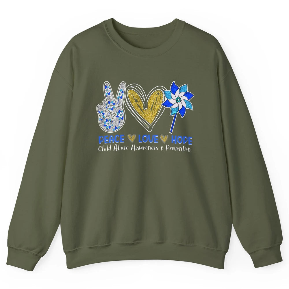 Peace Love Leopard Pinwheel Child Abuse Prevention Month Unisex Crewneck Sweatshirt