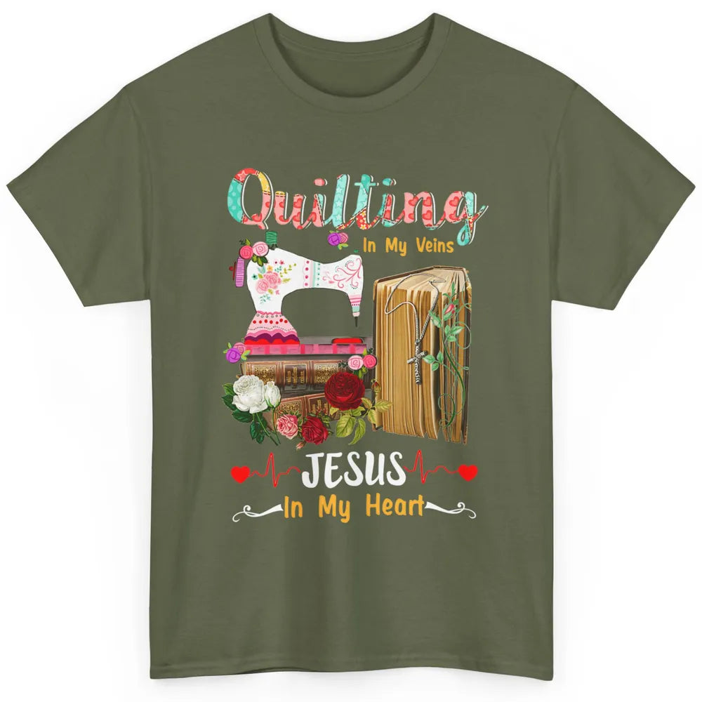 Quilting In My Veins Jesus In Heart Christian Retro Quilt Classic Unisex T-Shirt