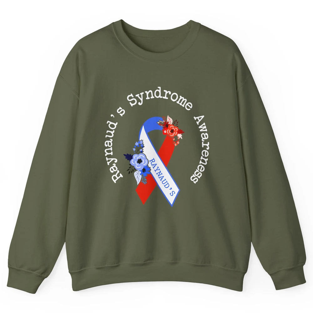 Raynaud's Syndrome Awareness Support Floral Red Blue Ribbon Unisex Crewneck Sweatshirt