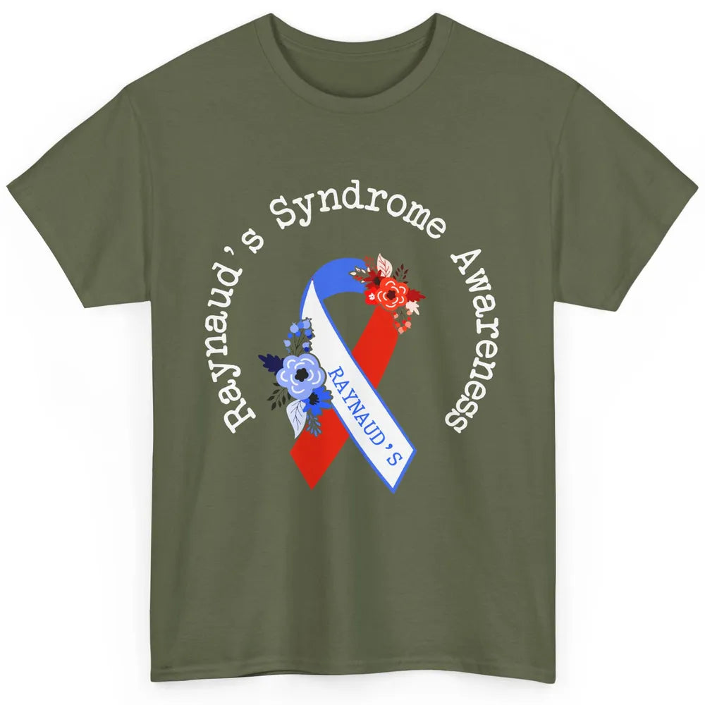 Raynaud's Syndrome Awareness Support Floral Red Blue Ribbon Classic Unisex T-Shirt