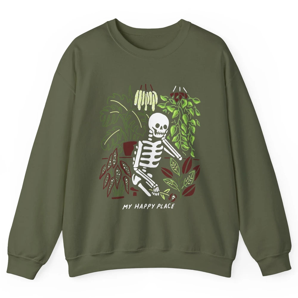 Retro Funny Skeleton Gardening My Happy Place Plant Lovers Unisex Crewneck Sweatshirt