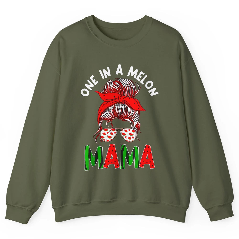 One In A Melon Mama Messy Bun Watermelon Summer Fruit Mother Unisex Crewneck Sweatshirt