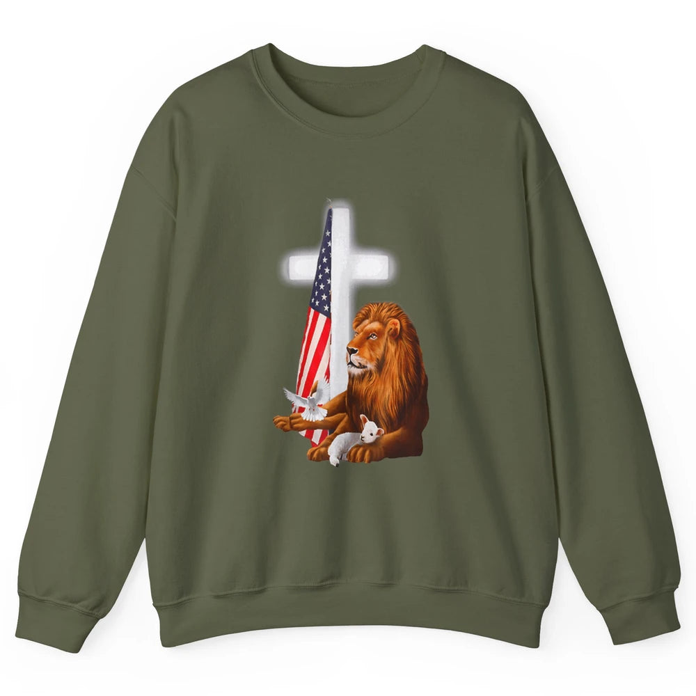 Patriotic Christian Lamb Bible Verse Lion Cross Religious Unisex Crewneck Sweatshirt