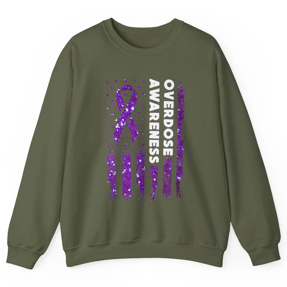 Overdose Awareness US Flag Purple Ribbon Addiction Warrior Unisex Crewneck Sweatshirt