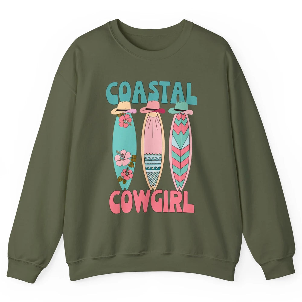 Retro Coastal Cowgirl Surfboards Western Cowgirl Beach Life Unisex Crewneck Sweatshirt