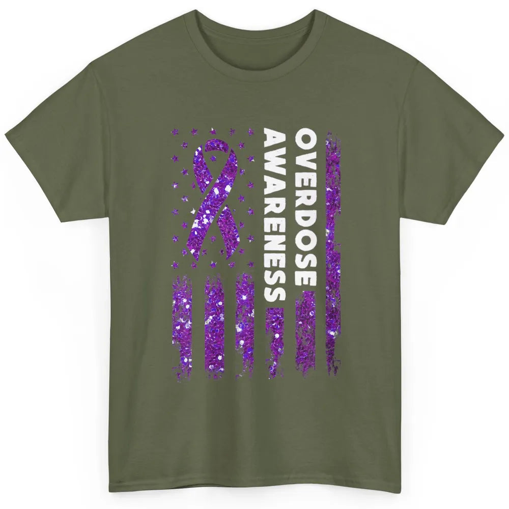 Overdose Awareness US Flag Purple Ribbon Addiction Warrior Classic Unisex T-Shirt