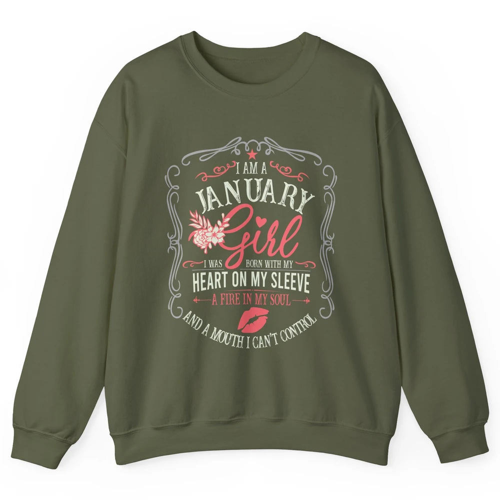 Retro January Girl Born With My Heart On My Sleeve Birthday Unisex Crewneck Sweatshirt