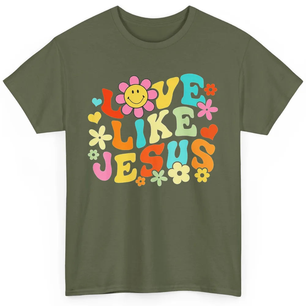 Retro Groovy Love Like Jesus Smiling Face Daisy Boho God Classic Unisex T-Shirt
