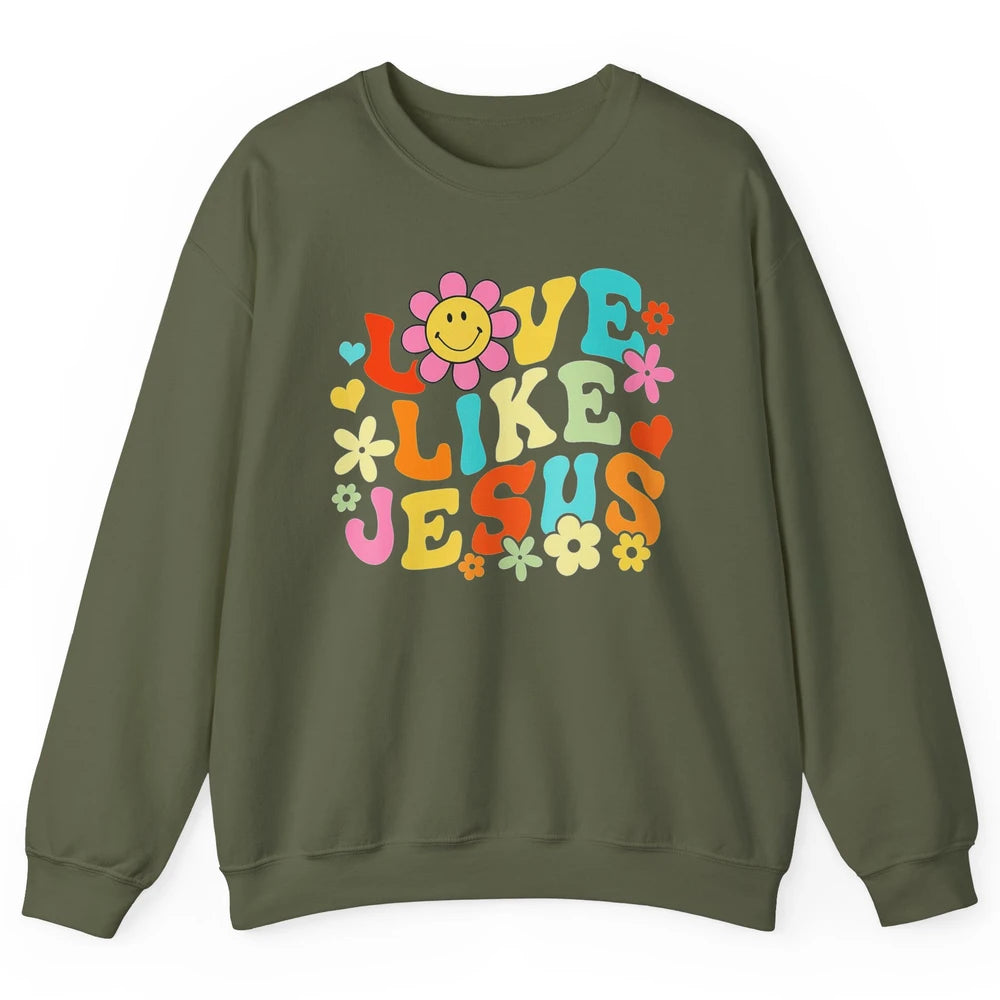 Retro Groovy Love Like Jesus Smiling Face Daisy Boho God Unisex Crewneck Sweatshirt