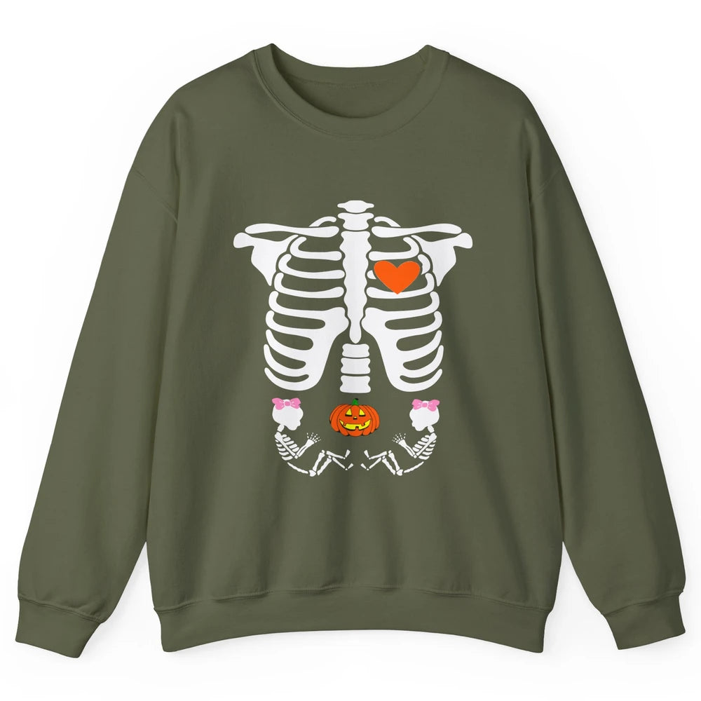 Pregnant Halloween Skeleton Baby Twins Witch Pumpkin Costume Unisex Crewneck Sweatshirt