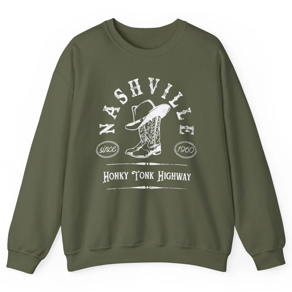 Retro Cowboy Boots Hat Nashville Honky Tonk Highway Western Unisex Crewneck Sweatshirt