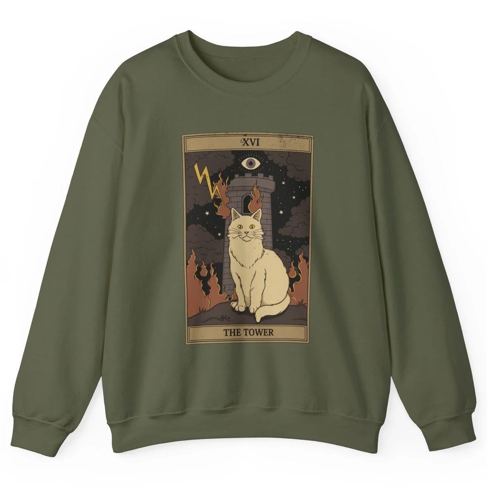 Retro Halloween Cat Witch The Tower Tarot Card Witchcraft Unisex Crewneck Sweatshirt