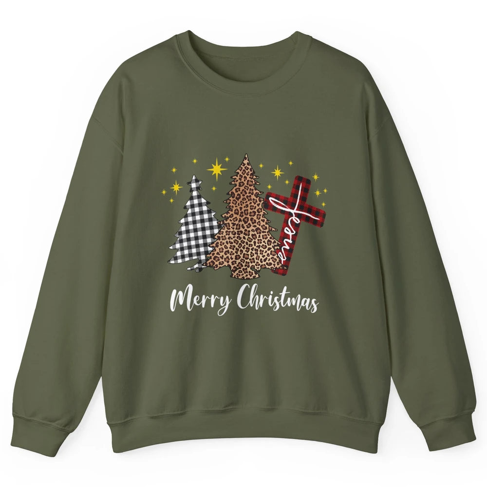 Merry Christmas Xmas Tree Cross Red Plaid Christian Leopard Unisex Crewneck Sweatshirt