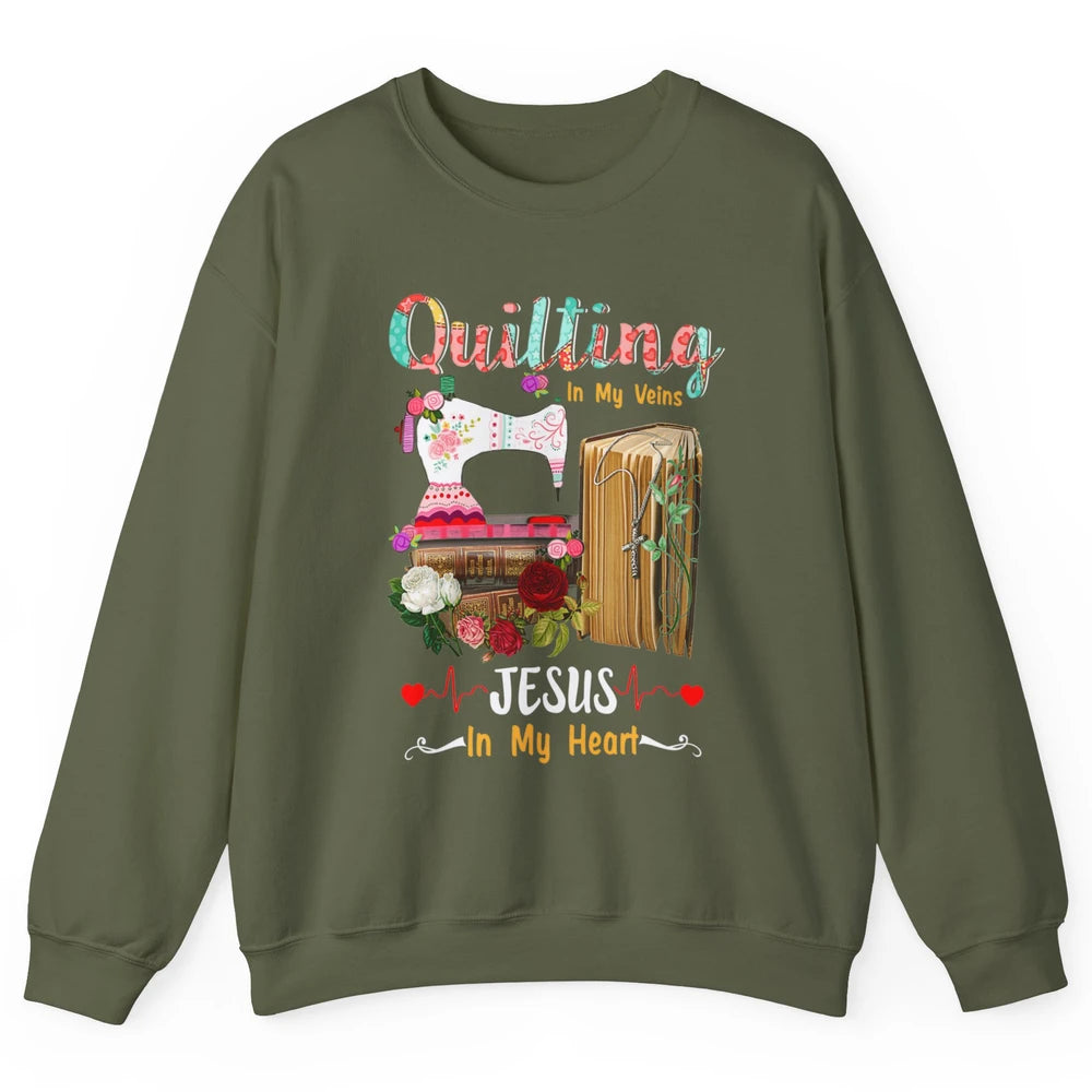 Quilting In My Veins Jesus In Heart Christian Retro Quilt Unisex Crewneck Sweatshirt