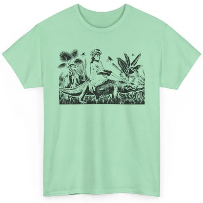 Retro Florida Tropical Land Girl Riding Alligator Summer Classic Unisex T-Shirt