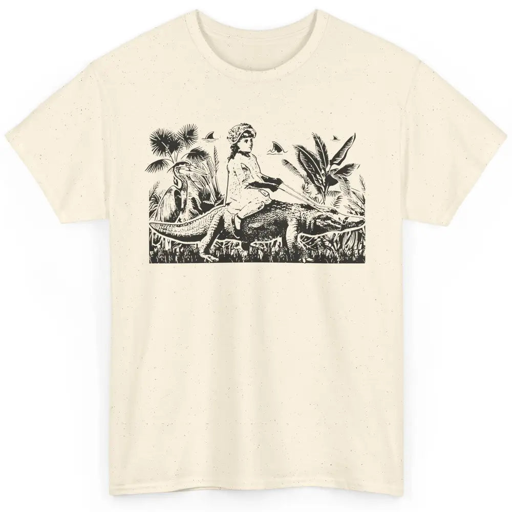 Retro Florida Tropical Land Girl Riding Alligator Summer Classic Unisex T-Shirt