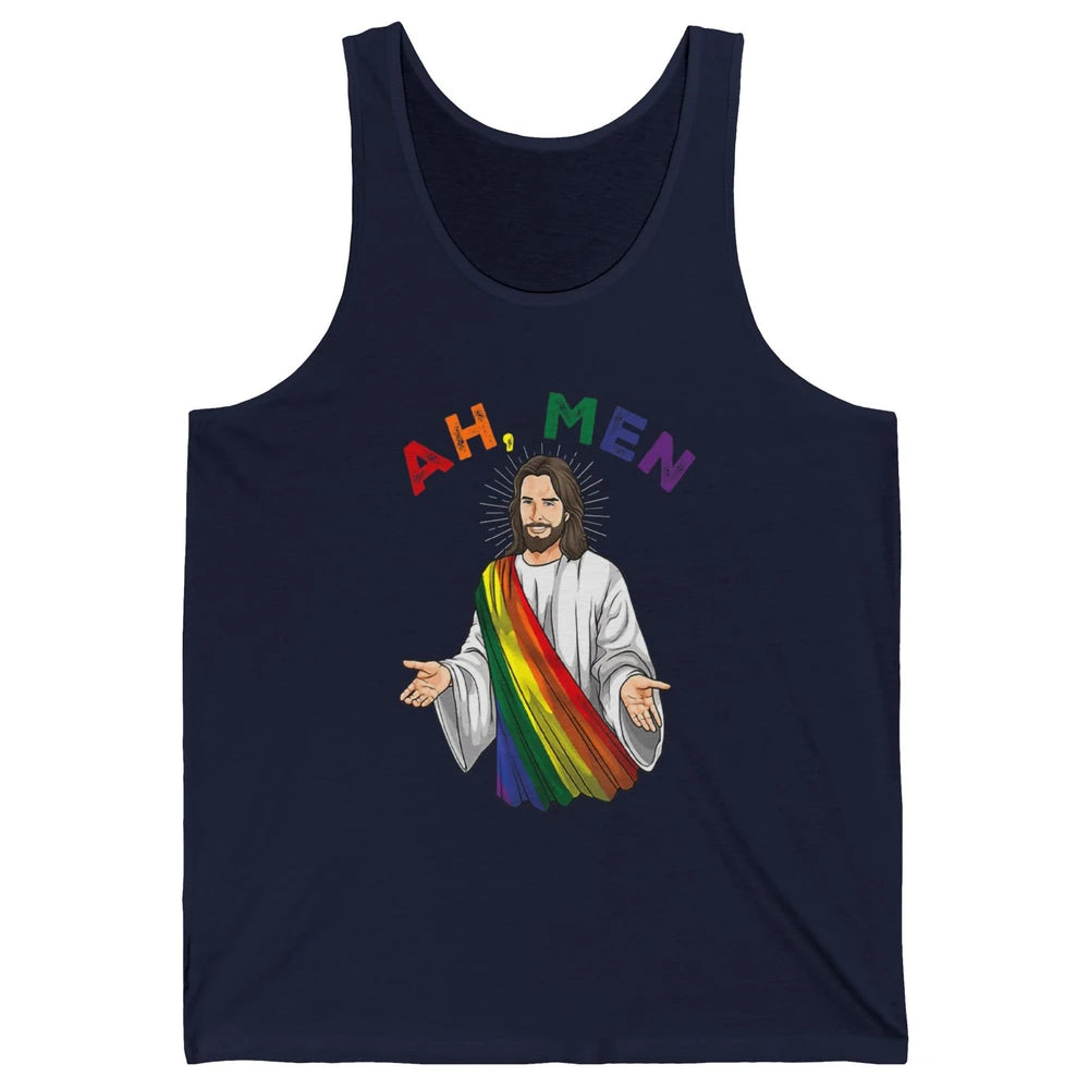 Ah Men LGBT Gay Pride Jesus Christian God Rainbow Flag Love Unisex Jersey Tank
