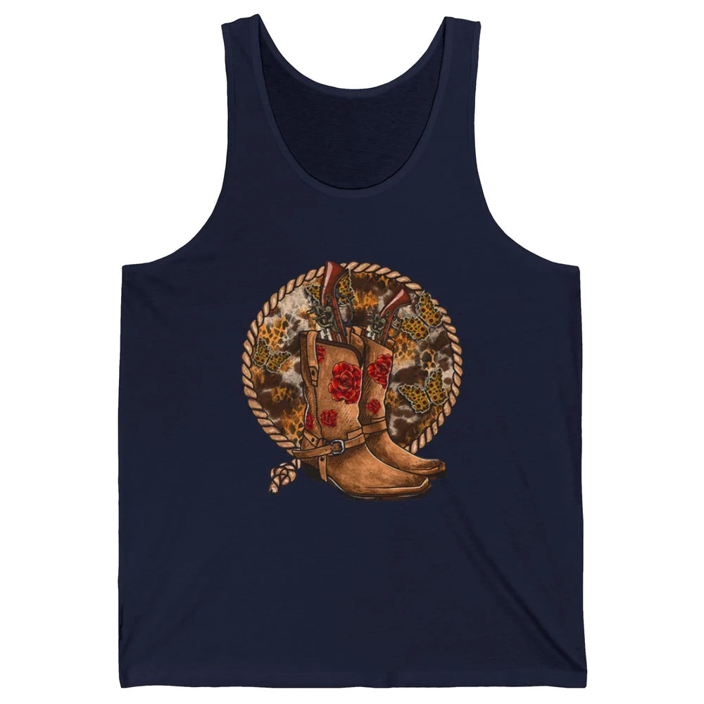 Retro Leopard Cowgirl Boots Sunflower Rodeo Western Country Unisex Jersey Tank
