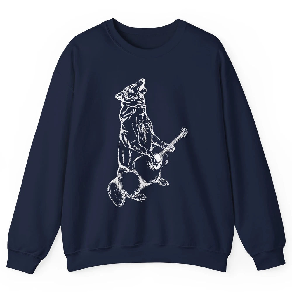 Retro Howling Wolf Playing Guitar Musician Guitarist Music Unisex Crewneck Sweatshirt