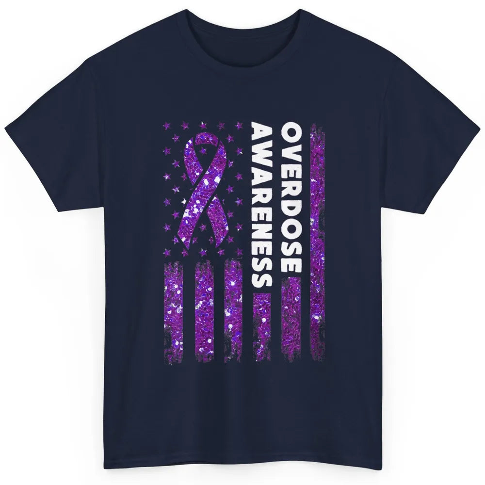Overdose Awareness US Flag Purple Ribbon Addiction Warrior Classic Unisex T-Shirt