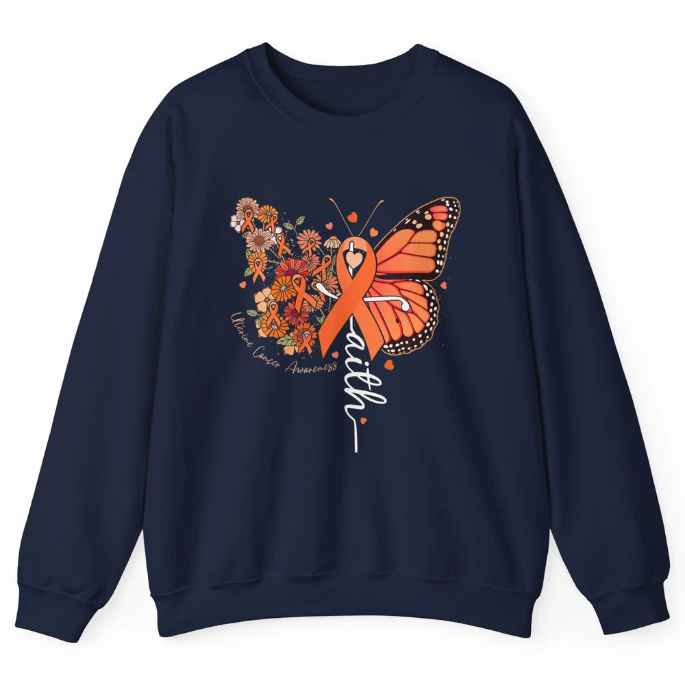 Peach Floral Butterfly Cross Faith Uterine Cancer Awareness Unisex Crewneck Sweatshirt